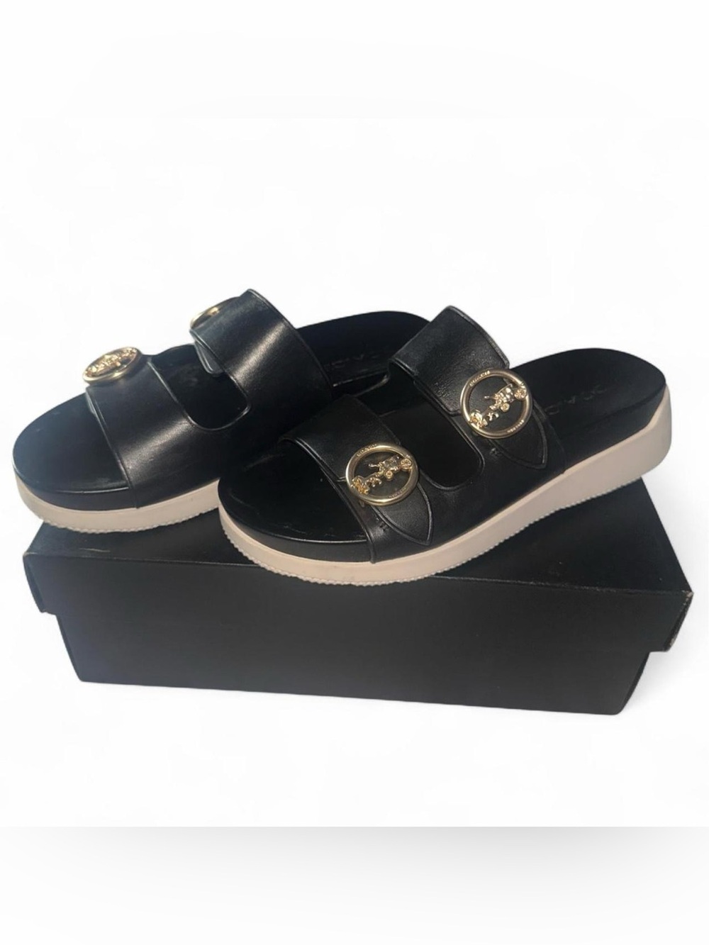 Coach Black Slide Sandals with Gold Logo Buckles
